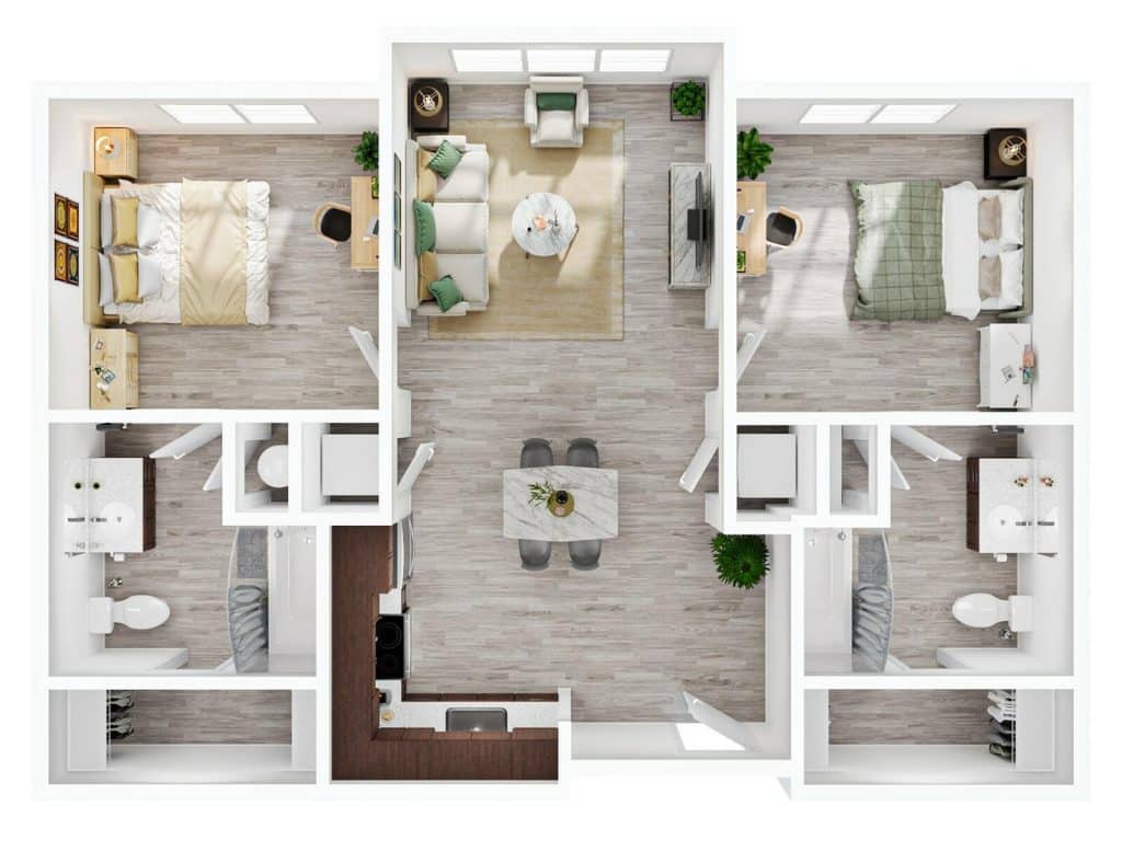 A 3D image of the 2BR/2BA floorplan, a 954 squarefoot, 2 bed / 2 bath unit