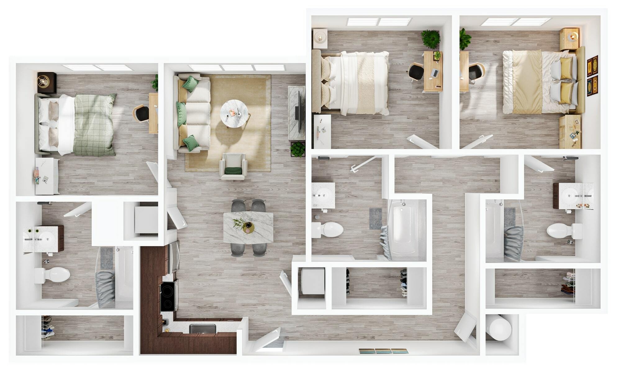 A 3D image of the 3BR/3BA floorplan, a 1238 squarefoot, 3 bed / 3 bath unit