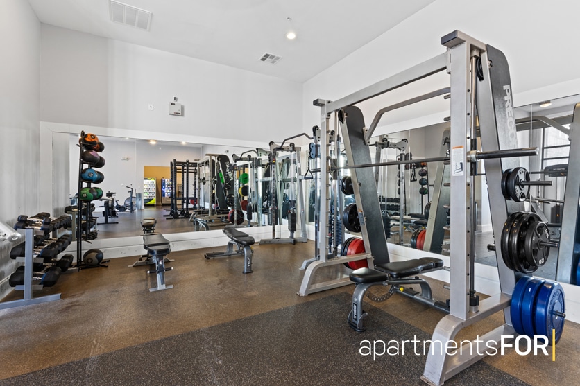 a gym with weights and exercise equipment